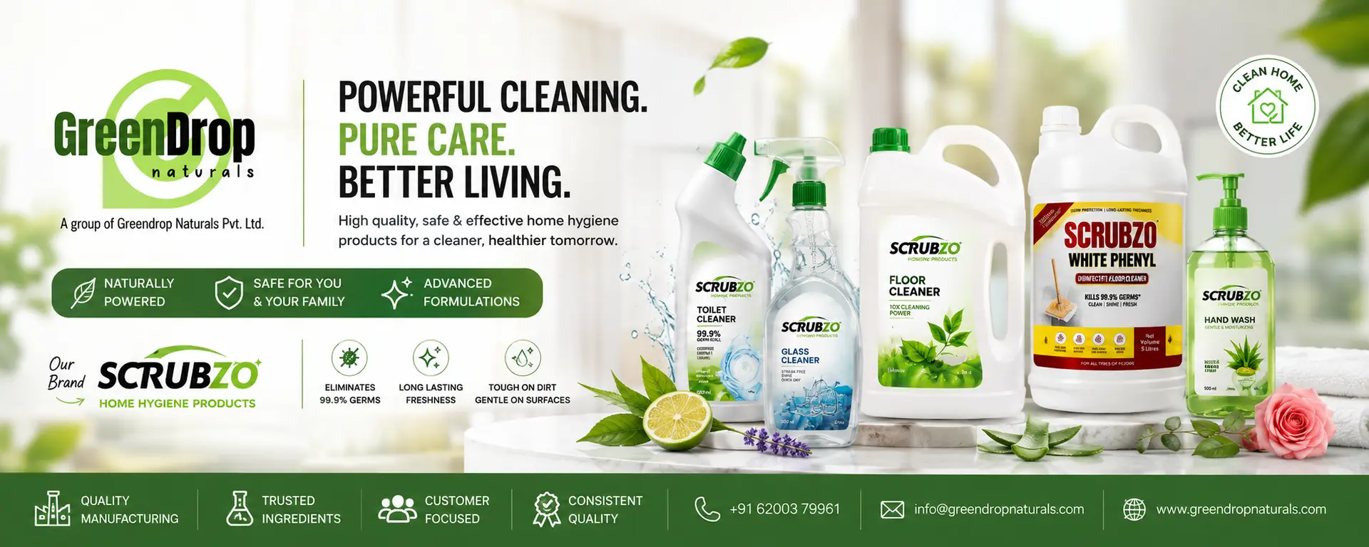 GreenDrop Naturals FMCG and PCG care manufacturing with Scrubzo home hygiene products